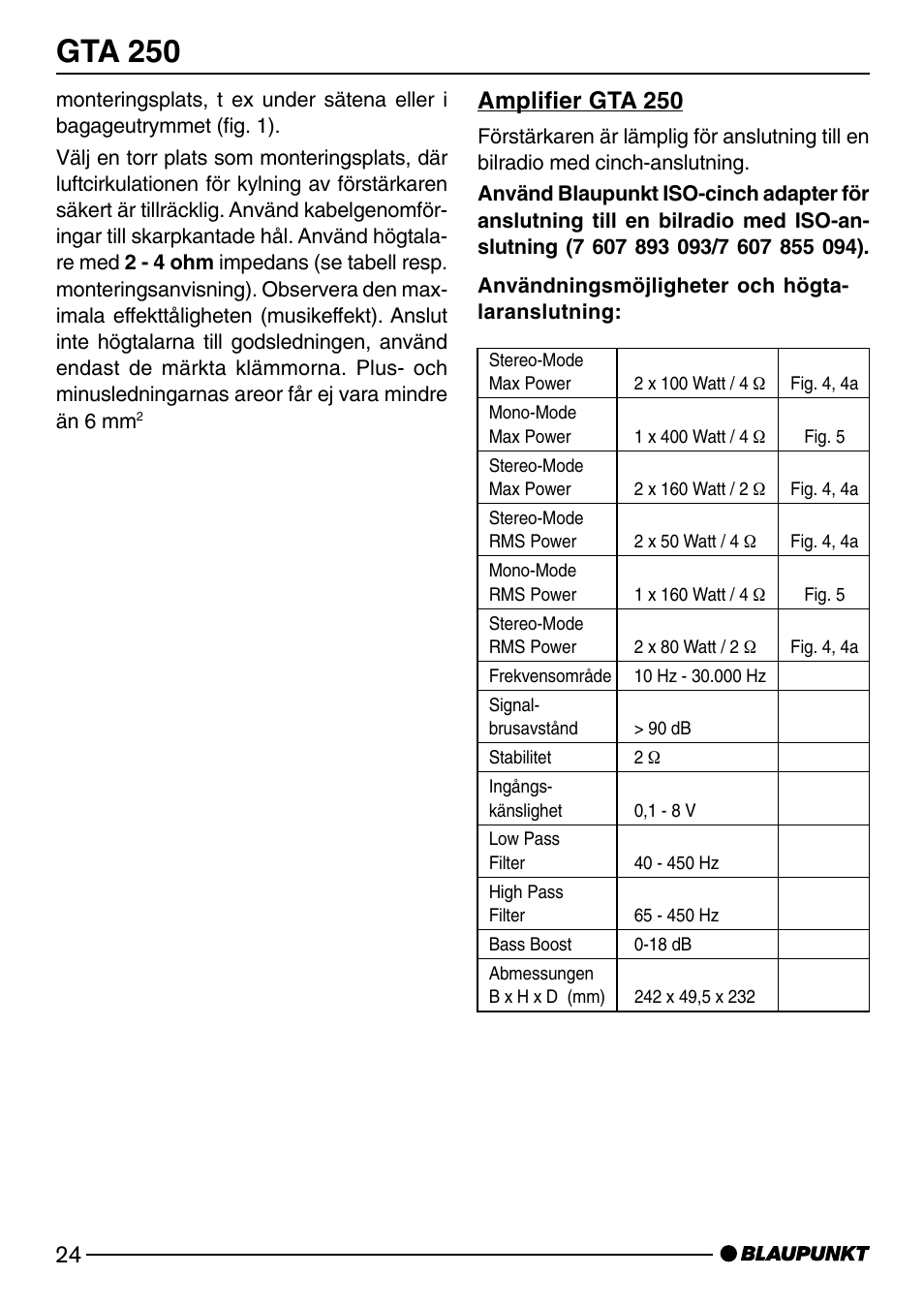 Gta 250, Amplifier gta 250 | Blaupunkt GTA 250 User Manual | Page 24 / 38