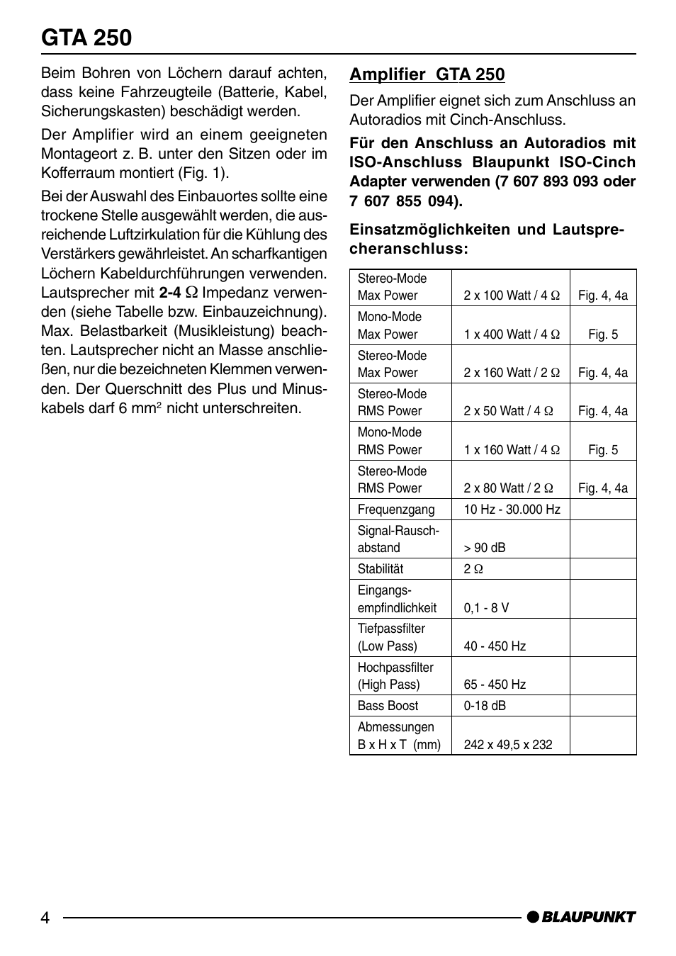 Gta 250, Amplifier gta 250 | Blaupunkt GTA 250 User Manual | Page 4 / 38