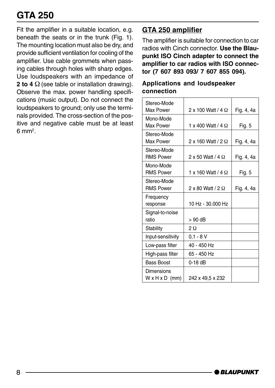 Gta 250, Gta 250 amplifier | Blaupunkt GTA 250 User Manual | Page 8 / 38