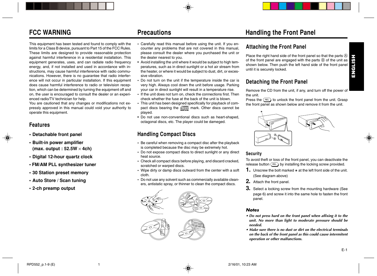 Fcc warning, Precautions, Handling the front panel | Features, Handling compact discs, Attaching the front panel, Detaching the front panel | Blaupunkt RPD 552 User Manual | Page 2 / 10