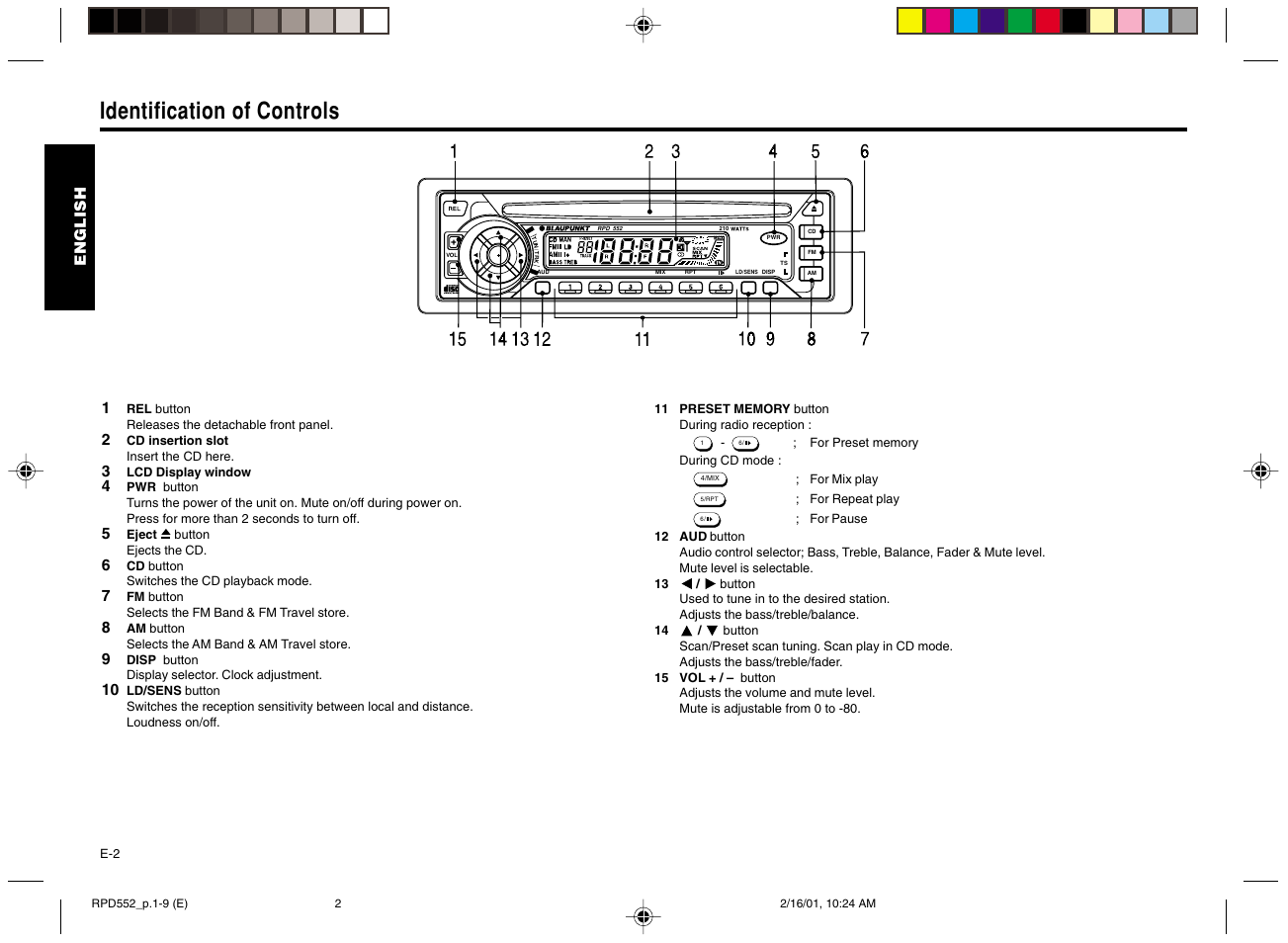 Identification of controls | Blaupunkt RPD 552 User Manual | Page 3 / 10