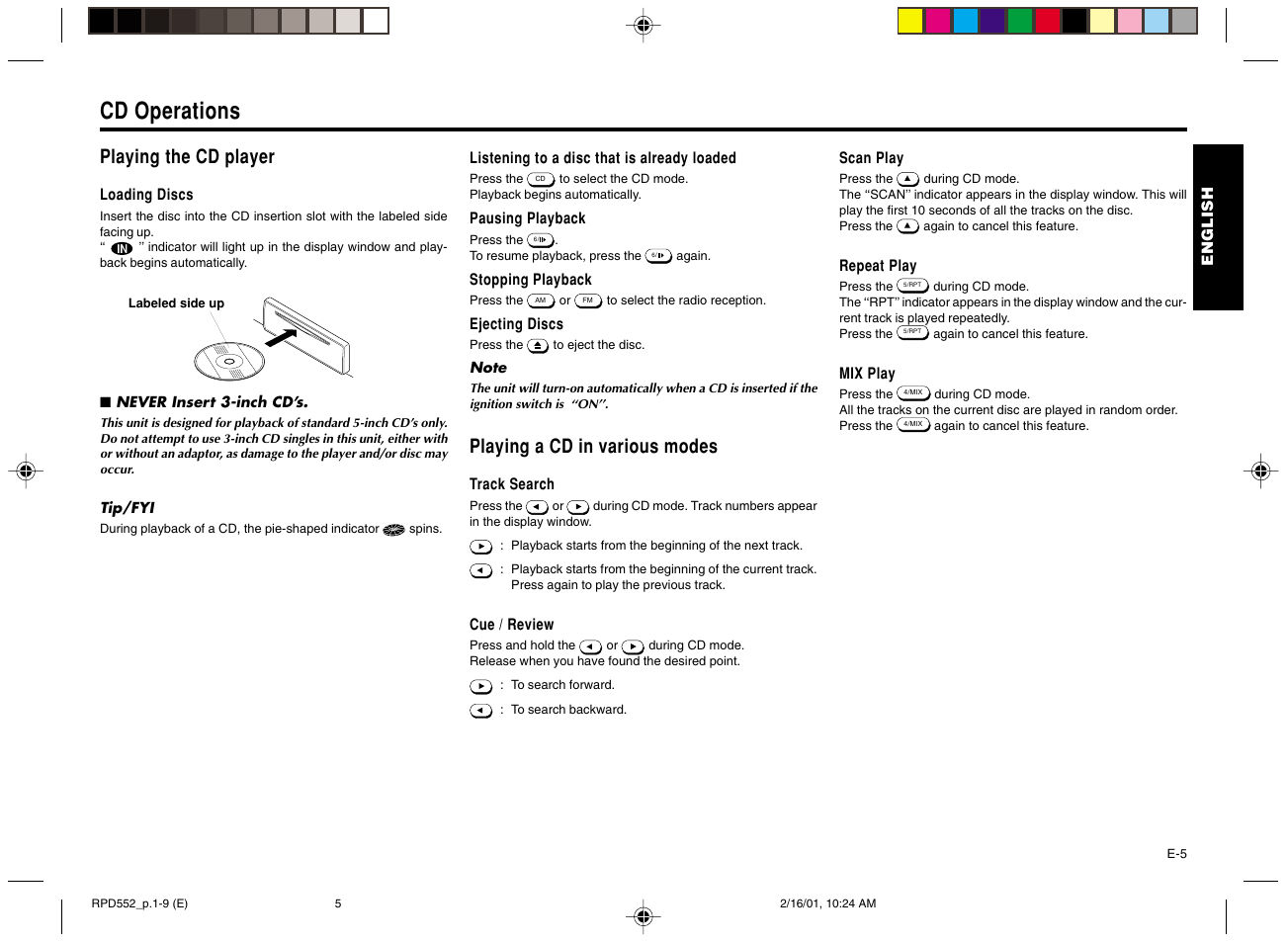 Cd operations, Playing the cd player, Playing a cd in various modes | Blaupunkt RPD 552 User Manual | Page 6 / 10