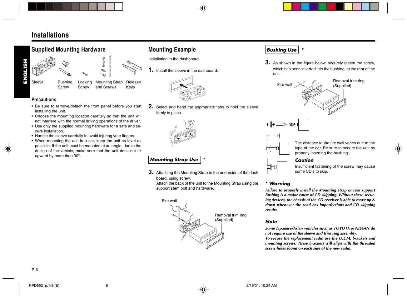 Installations, Mounting example, Supplied mounting hardware | Blaupunkt RPD 552 User Manual | Page 7 / 10