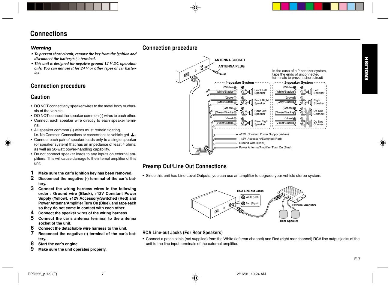 Connections, Connection procedure caution, Preamp out/line out connections | Connection procedure | Blaupunkt RPD 552 User Manual | Page 8 / 10