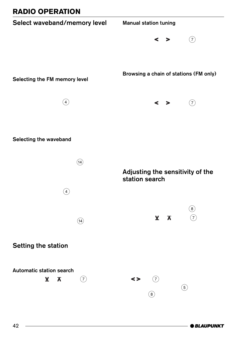 Radio operation, Setting the station, Adjusting the sensitivity of the station search | Blaupunkt Denver CD70 User Manual | Page 14 / 32