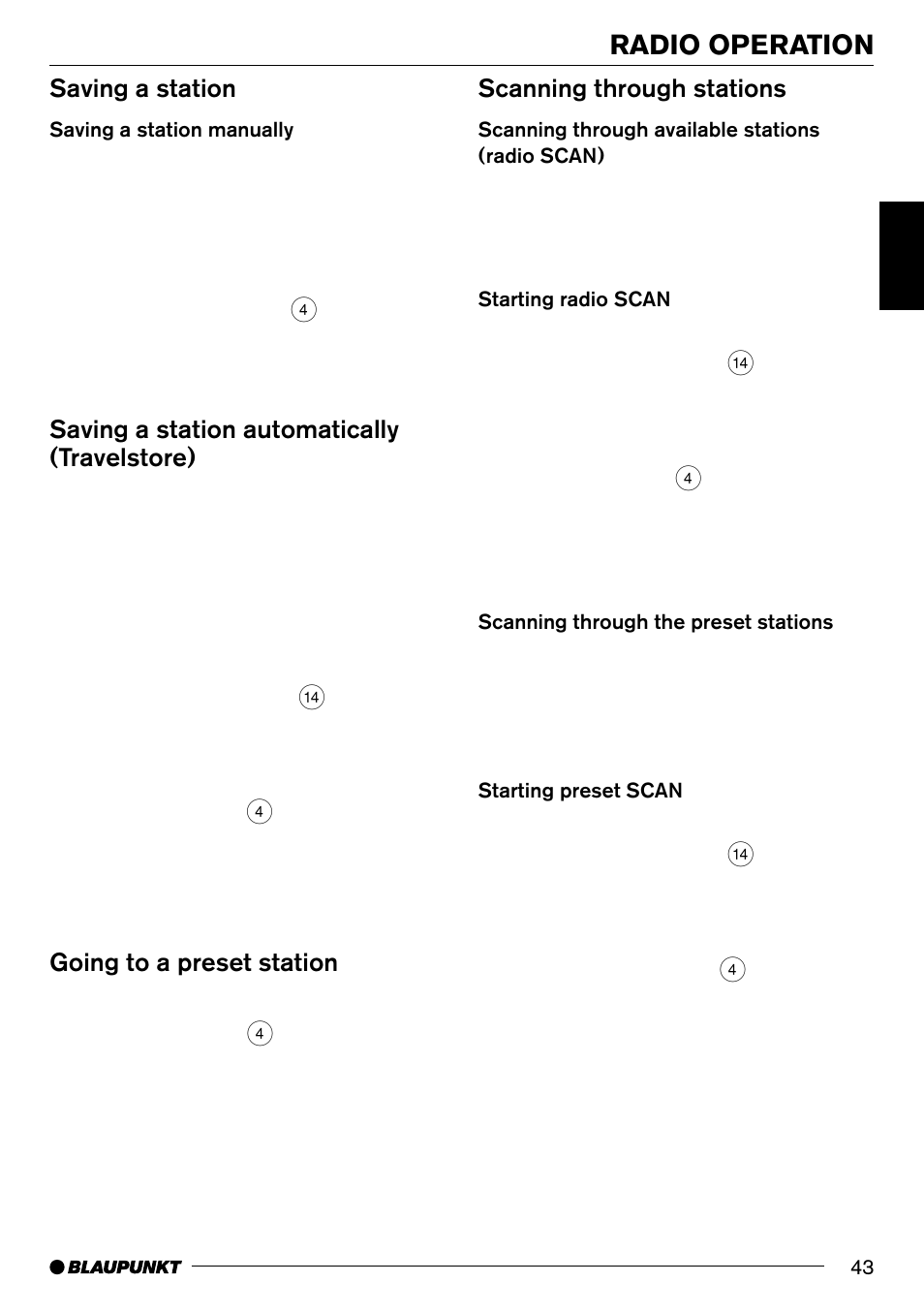 Radio operation, Saving a station, Saving a station automatically (travelstore) | Going to a preset station, Scanning through stations | Blaupunkt Denver CD70 User Manual | Page 15 / 32