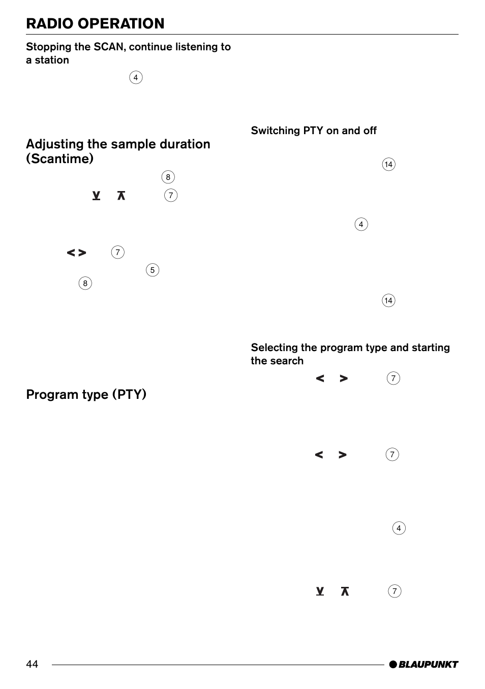 Radio operation, Adjusting the sample duration (scantime), Program type (pty) | Blaupunkt Denver CD70 User Manual | Page 16 / 32