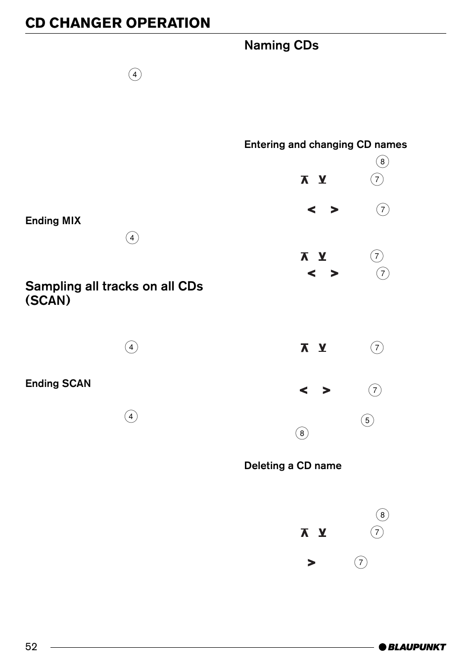 Cd changer operation, Sampling all tracks on all cds (scan), Naming cds | Blaupunkt Denver CD70 User Manual | Page 24 / 32