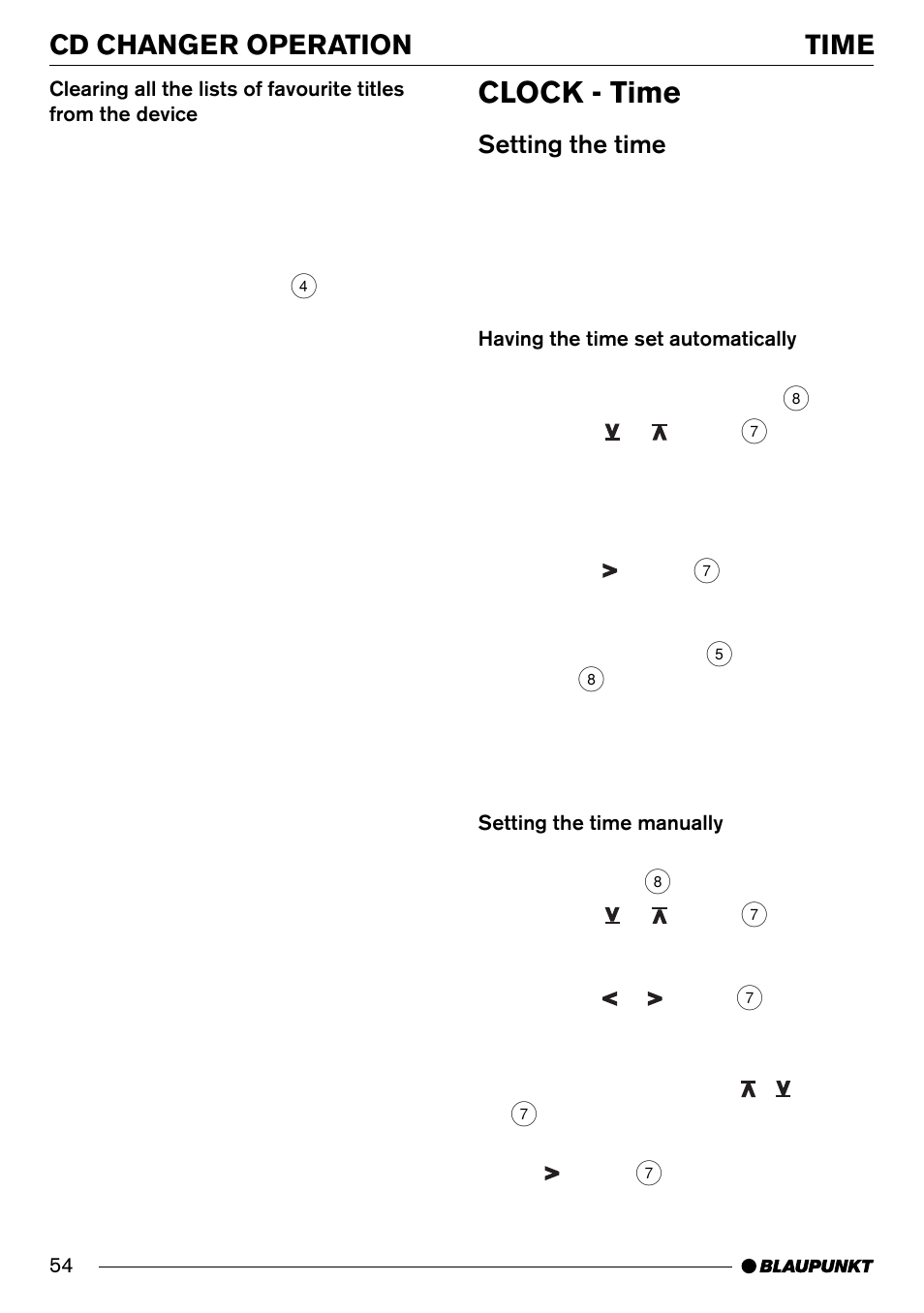 Clock - time, Time cd changer operation, Setting the time | Blaupunkt Denver CD70 User Manual | Page 26 / 32