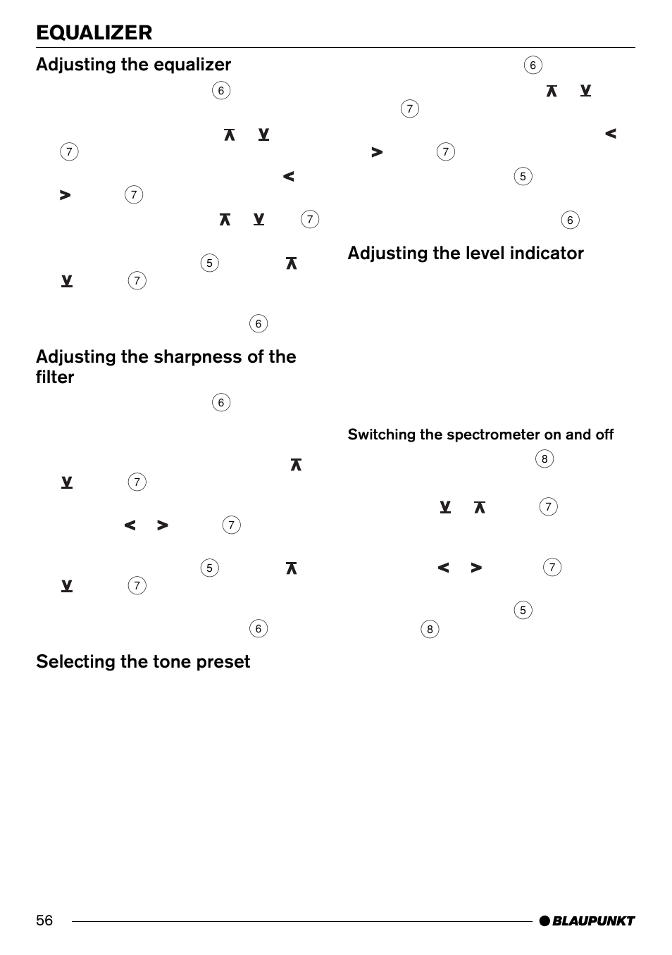 Equalizer, Adjusting the equalizer, Adjusting the sharpness of the filter | Selecting the tone preset, Adjusting the level indicator | Blaupunkt Denver CD70 User Manual | Page 28 / 32