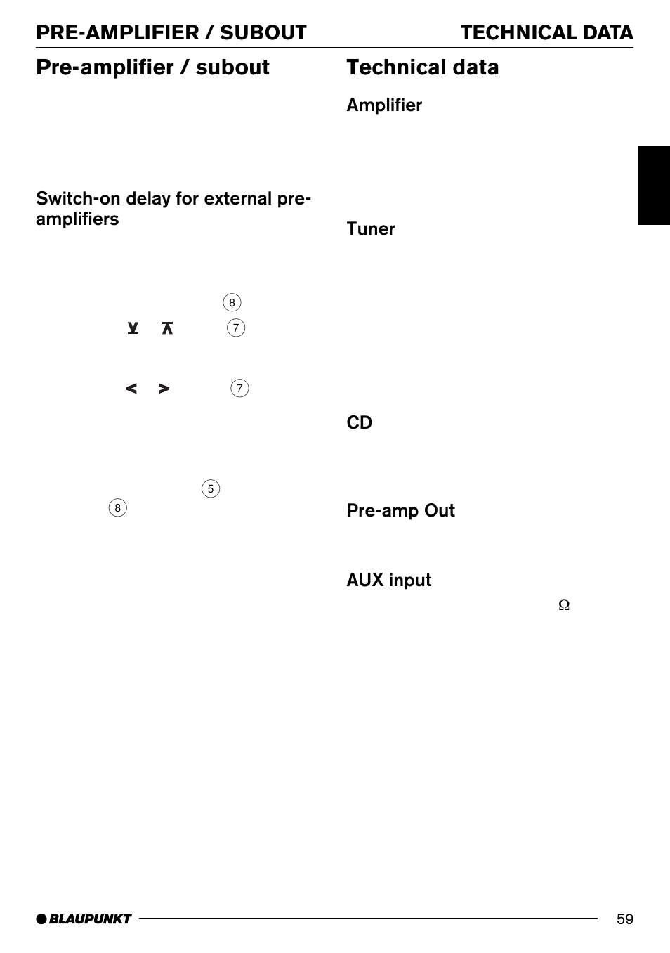 Pre-amplifier / subout, Technical data, Technical data pre-amplifier / subout | Switch-on delay for external pre- amplifiers, Amplifier, Tuner, Pre-amp out, Aux input | Blaupunkt Denver CD70 User Manual | Page 31 / 32