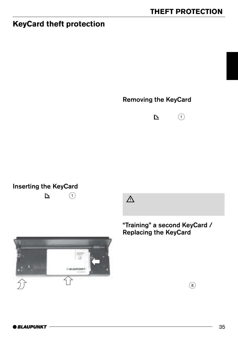 Keycard theft protection, Theft protection, Removing the keycard | Training” a second keycard / replacing the keycard, Inserting the keycard | Blaupunkt Denver CD70 User Manual | Page 7 / 32