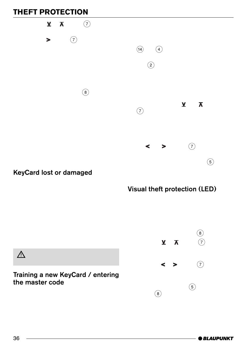 Theft protection, Keycard lost or damaged, Training a new keycard / entering the master code | Visual theft protection (led) | Blaupunkt Denver CD70 User Manual | Page 8 / 32