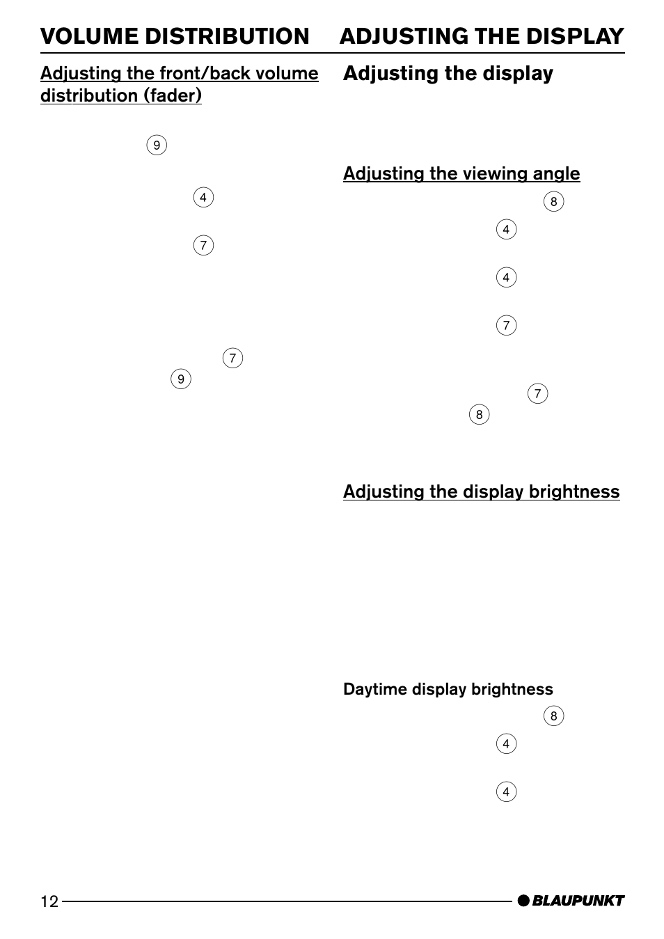 Volume distribution adjusting the display, Adjusting the display | Blaupunkt MIAMI CD73 User Manual | Page 12 / 30