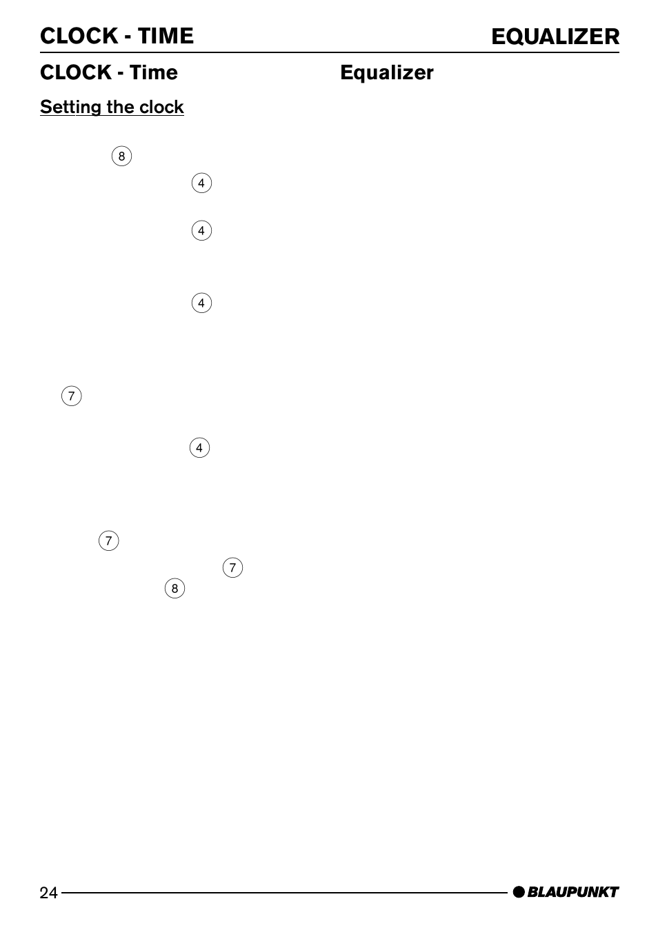 Clock - time equalizer, Clock - time, Equalizer | Blaupunkt MIAMI CD73 User Manual | Page 24 / 30