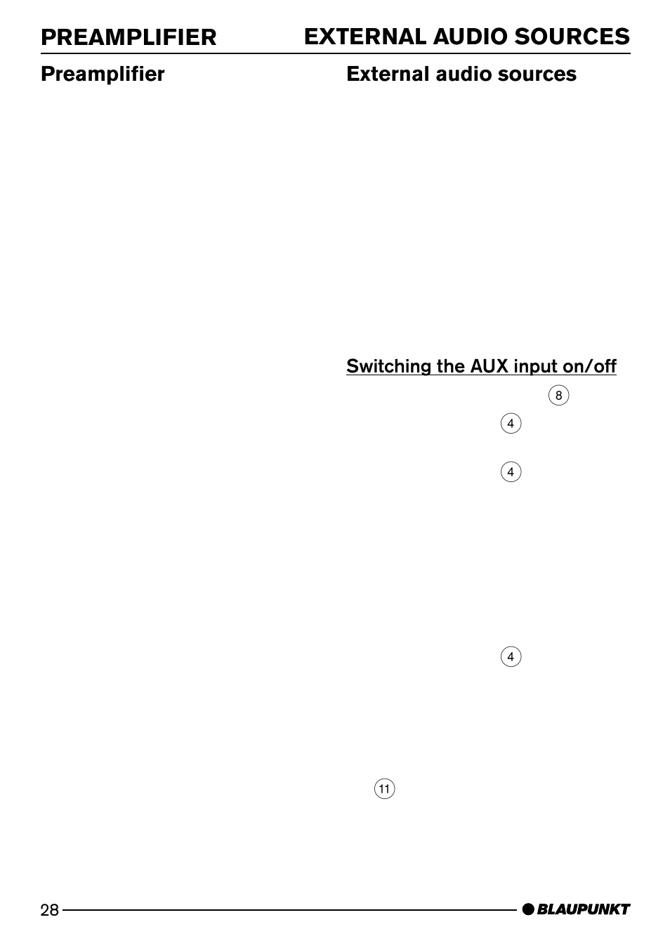 External audio sources preamplifier, Preamplifier, External audio sources | Blaupunkt MIAMI CD73 User Manual | Page 28 / 30