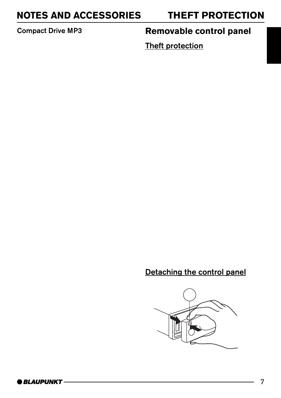 Removable control panel, Theft protection, Detaching the control panel 2 | Blaupunkt MIAMI CD73 User Manual | Page 7 / 30