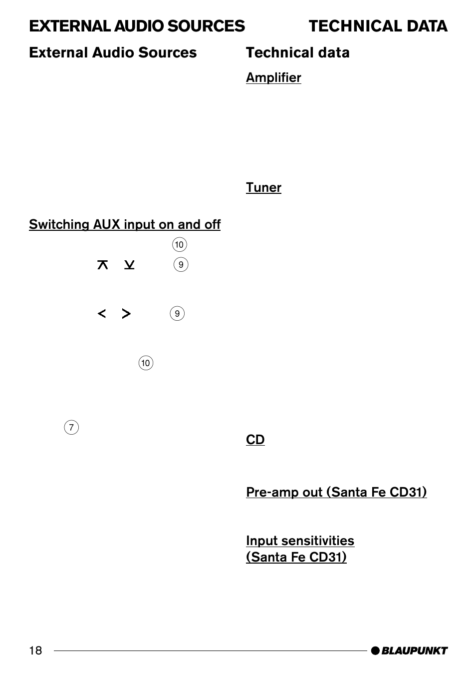 External audio sources technical data, External audio sources, Technical data | Blaupunkt CD31 User Manual | Page 17 / 19