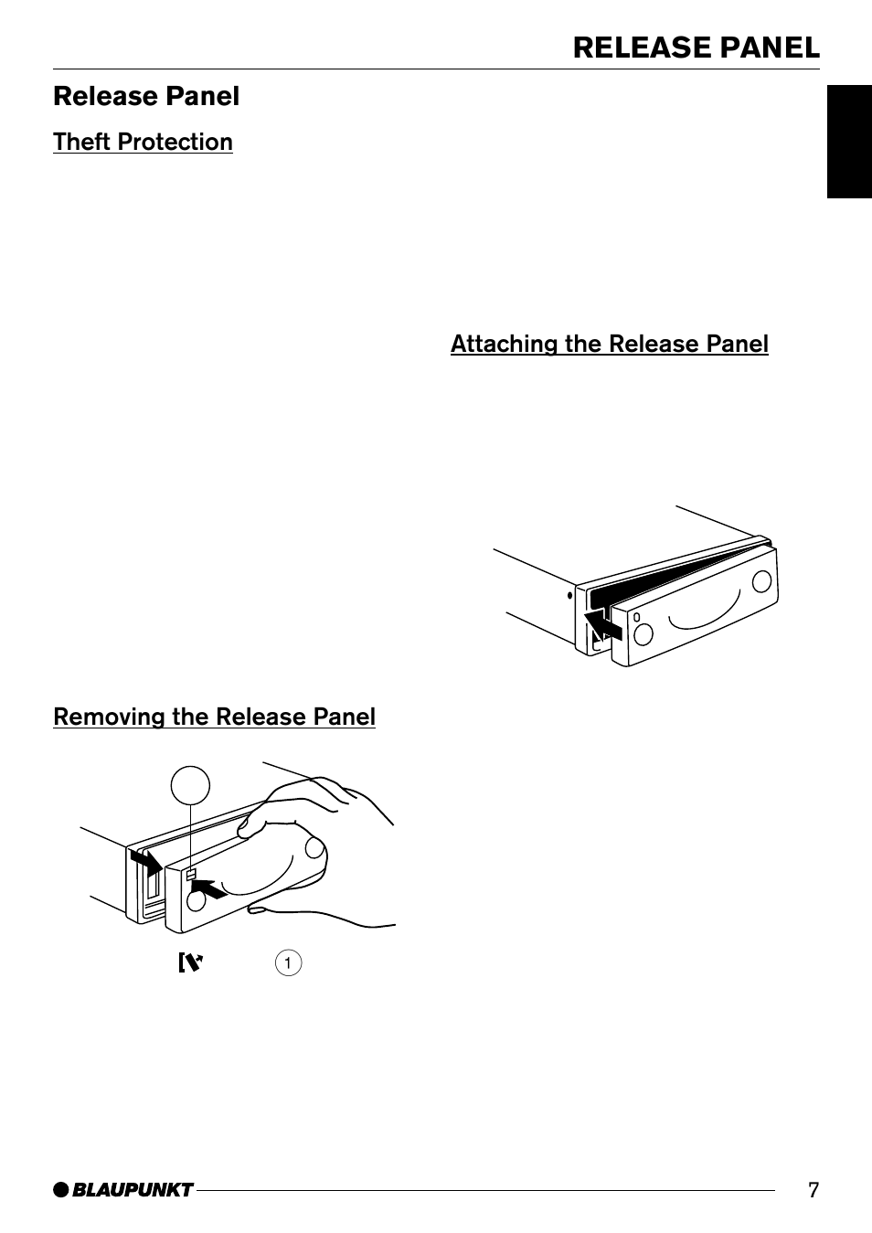 Release panel 7, Release panel, Theft protection | Removing the release panel 1, Attaching the release panel | Blaupunkt CD31 User Manual | Page 6 / 19
