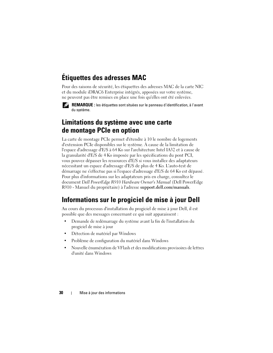Étiquettes des adresses mac, Informations sur le progiciel de mise à jour dell | Dell PowerEdge R910 User Manual | Page 30 / 92
