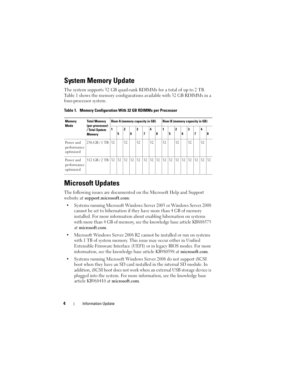 System memory update, Microsoft updates | Dell PowerEdge R910 User Manual | Page 4 / 92
