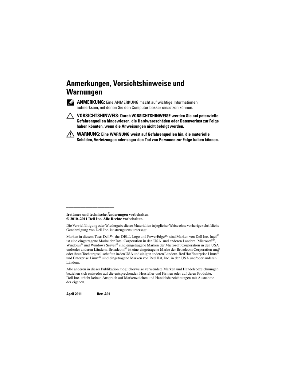 Anmerkungen, vorsichtshinweise und warnungen | Dell PowerEdge R910 User Manual | Page 40 / 92