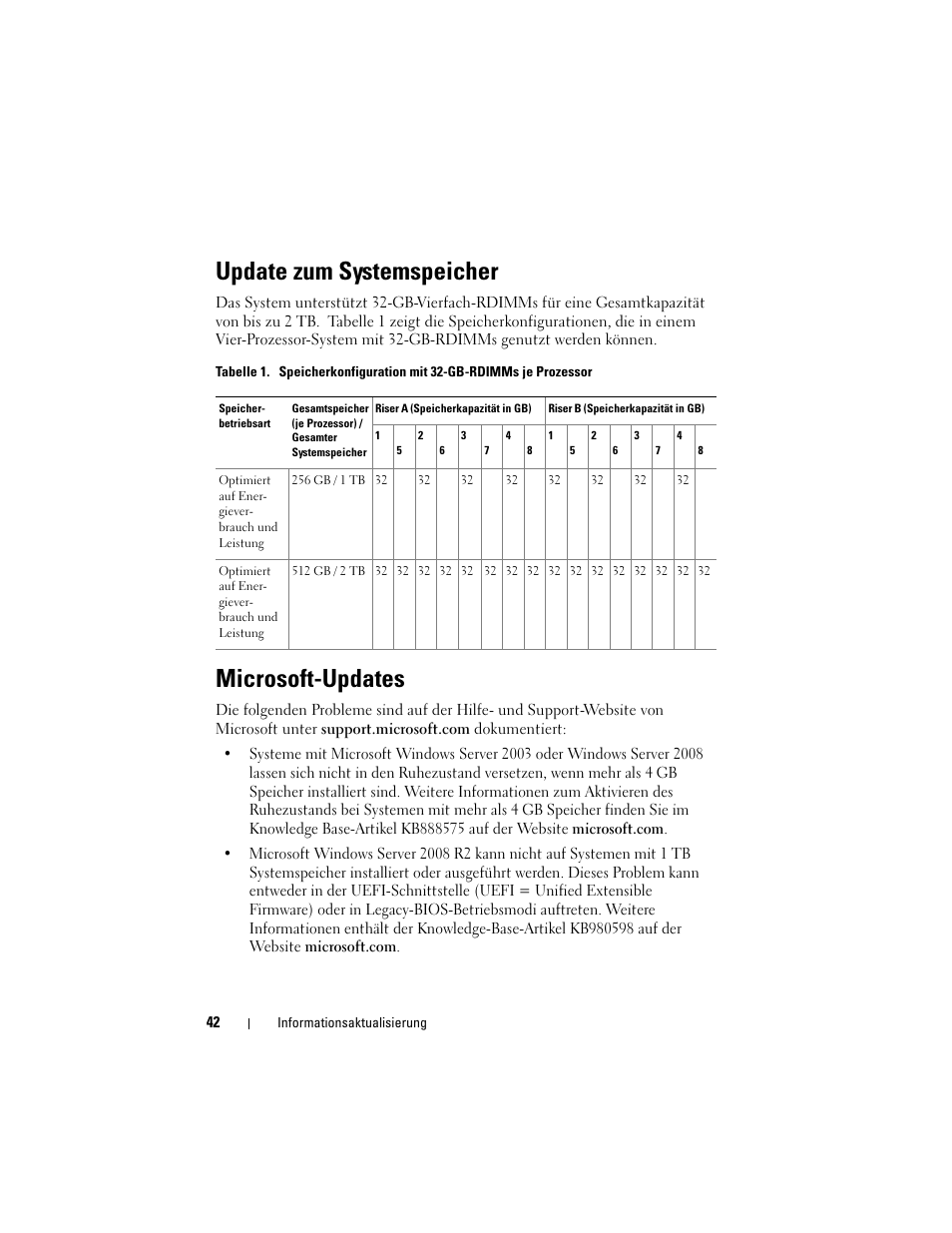 Update zum systemspeicher, Microsoft-updates | Dell PowerEdge R910 User Manual | Page 42 / 92