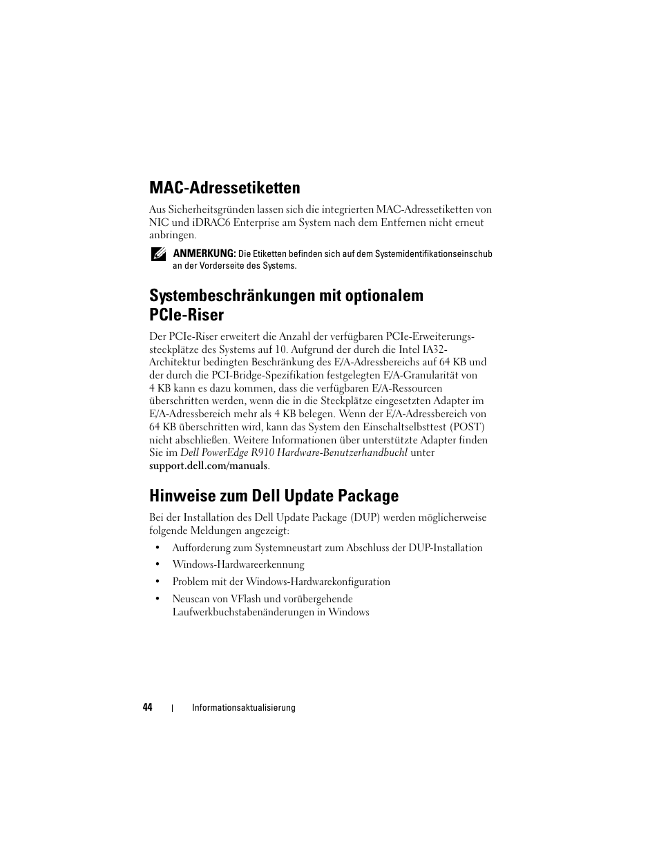 Mac-adressetiketten, Systembeschränkungen mit optionalem pcie-riser, Hinweise zum dell update package | Dell PowerEdge R910 User Manual | Page 44 / 92