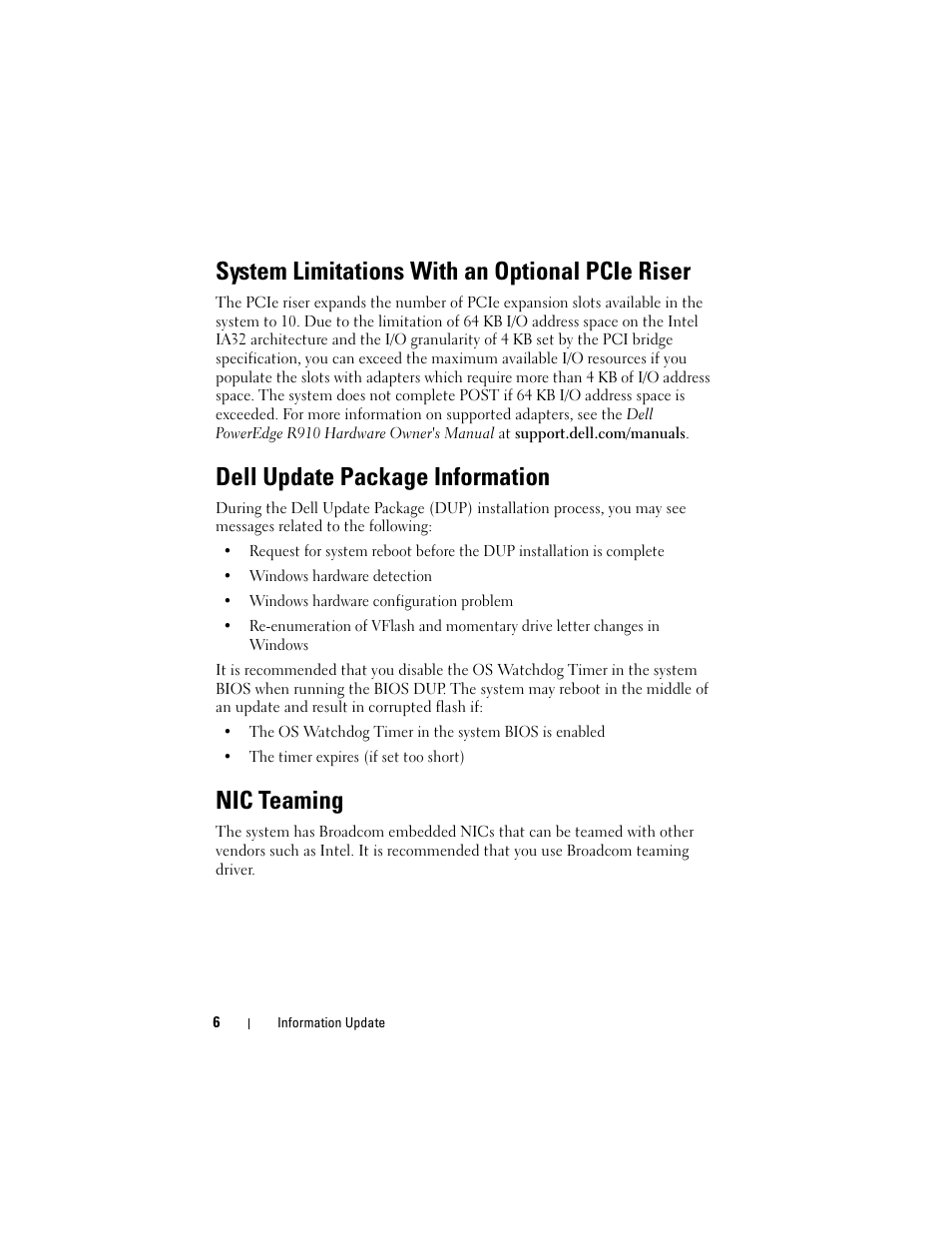 System limitations with an optional pcie riser, Dell update package information, Nic teaming | Dell PowerEdge R910 User Manual | Page 6 / 92