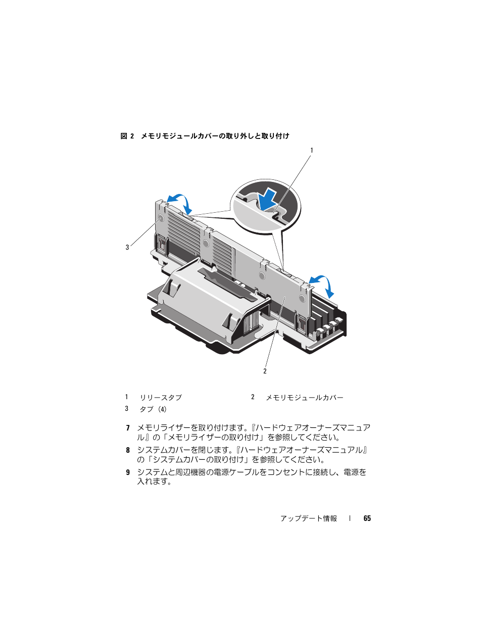 つのタブを押してメモリモジュールカバーを閉じます。図 2 | Dell PowerEdge R910 User Manual | Page 65 / 92