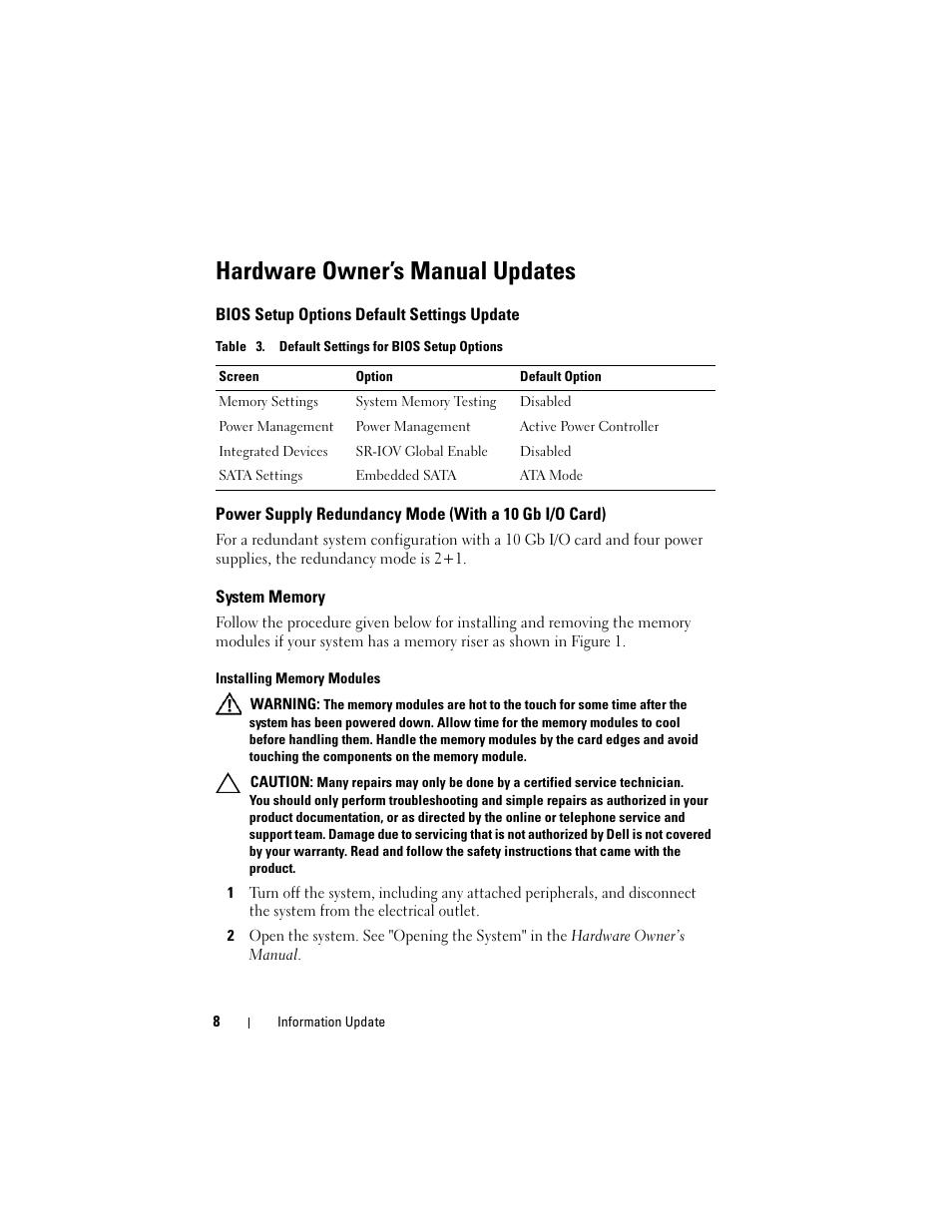 Hardware owner’s manual updates, Bios setup options default settings update, System memory | Dell PowerEdge R910 User Manual | Page 8 / 92
