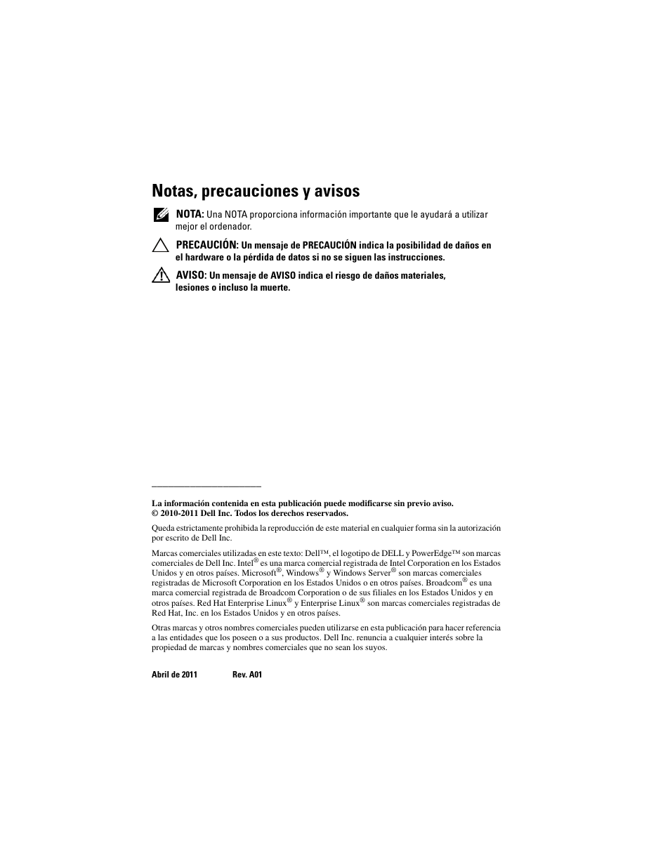 Notas, precauciones y avisos | Dell PowerEdge R910 User Manual | Page 80 / 92