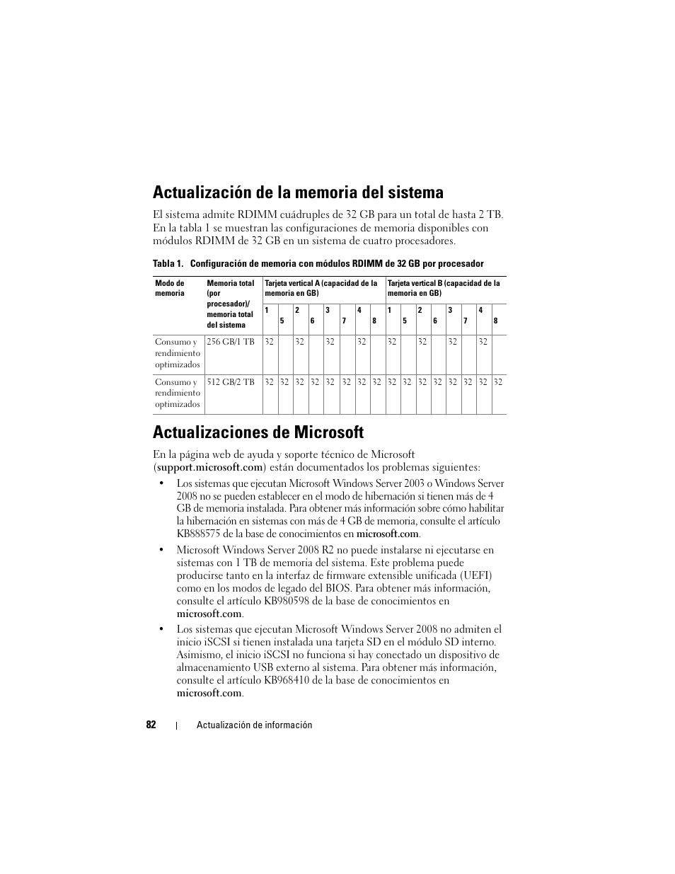 Actualización de la memoria del sistema, Actualizaciones de microsoft | Dell PowerEdge R910 User Manual | Page 82 / 92