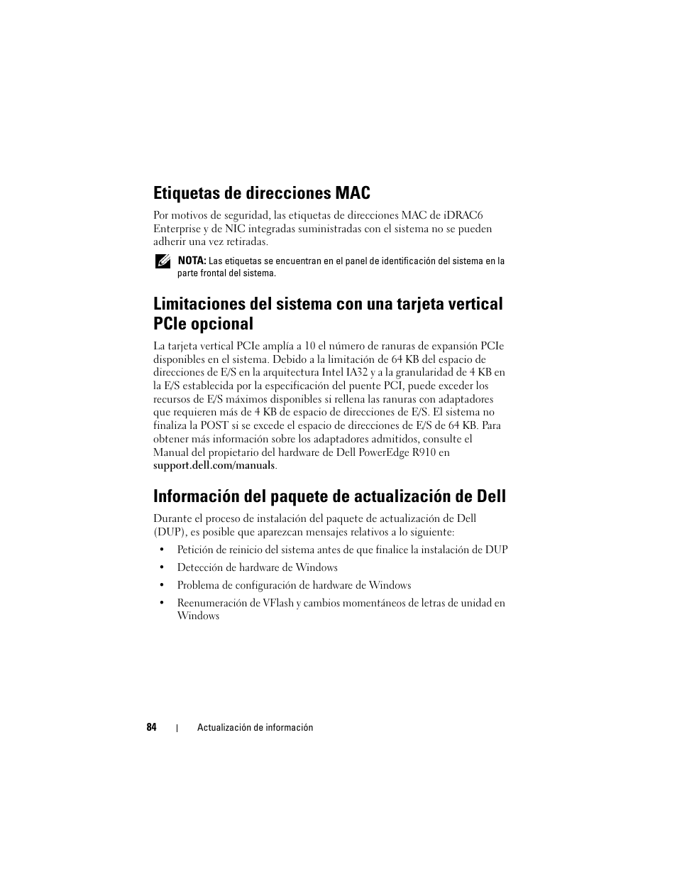 Etiquetas de direcciones mac, Información del paquete de actualización de dell | Dell PowerEdge R910 User Manual | Page 84 / 92