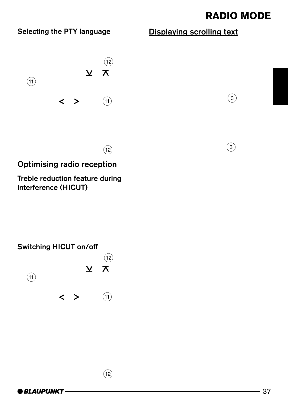 Radio mode, Optimising radio reception, Displaying scrolling text | Blaupunkt San Diego DJ31 User Manual | Page 14 / 24