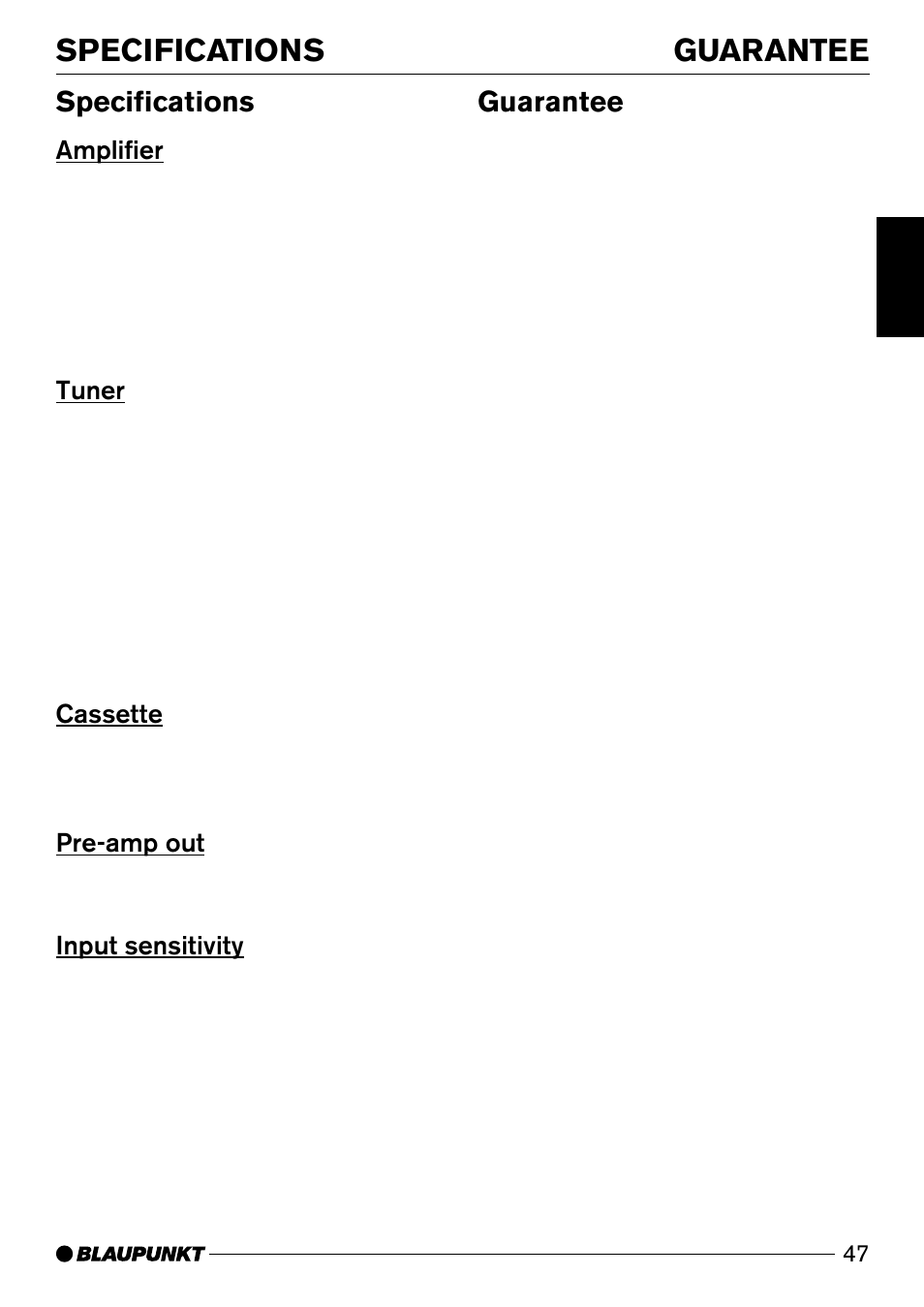 Specifications, Guarantee, Amplifier | Tuner, Cassette, Pre-amp out, Input sensitivity | Blaupunkt San Diego DJ31 User Manual | Page 24 / 24