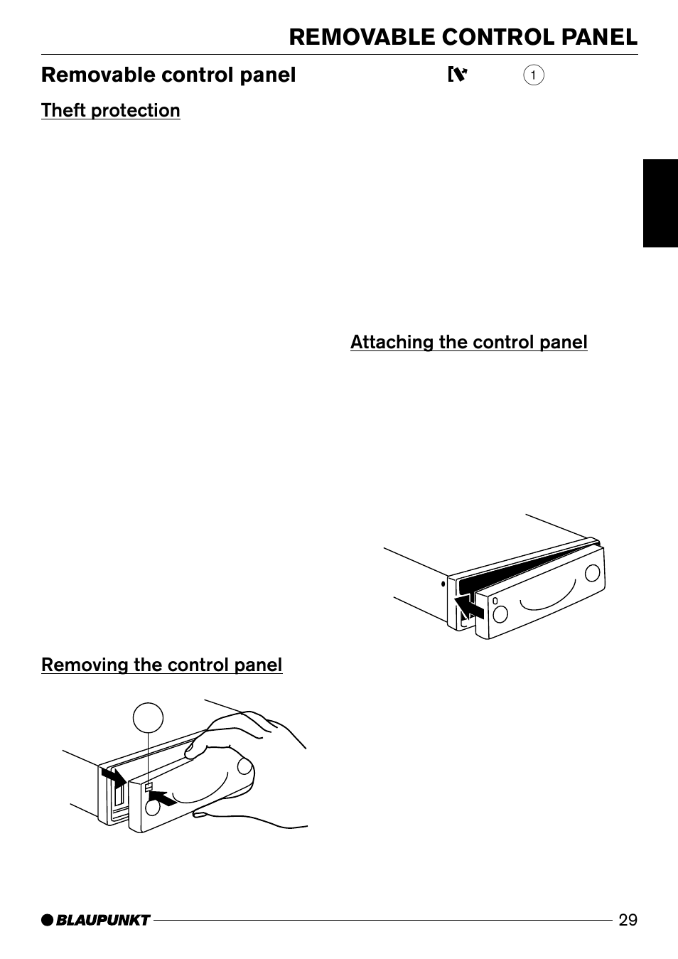 Removable control panel, Theft protection, Removing the control panel 1 | Attaching the control panel | Blaupunkt San Diego DJ31 User Manual | Page 6 / 24