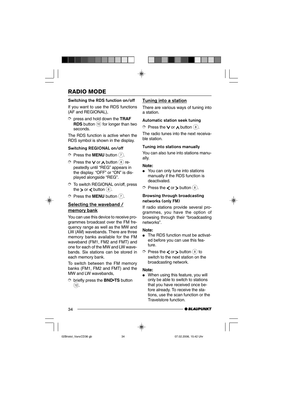Radio mode | Blaupunkt BRISTOL CD36 User Manual | Page 11 / 26