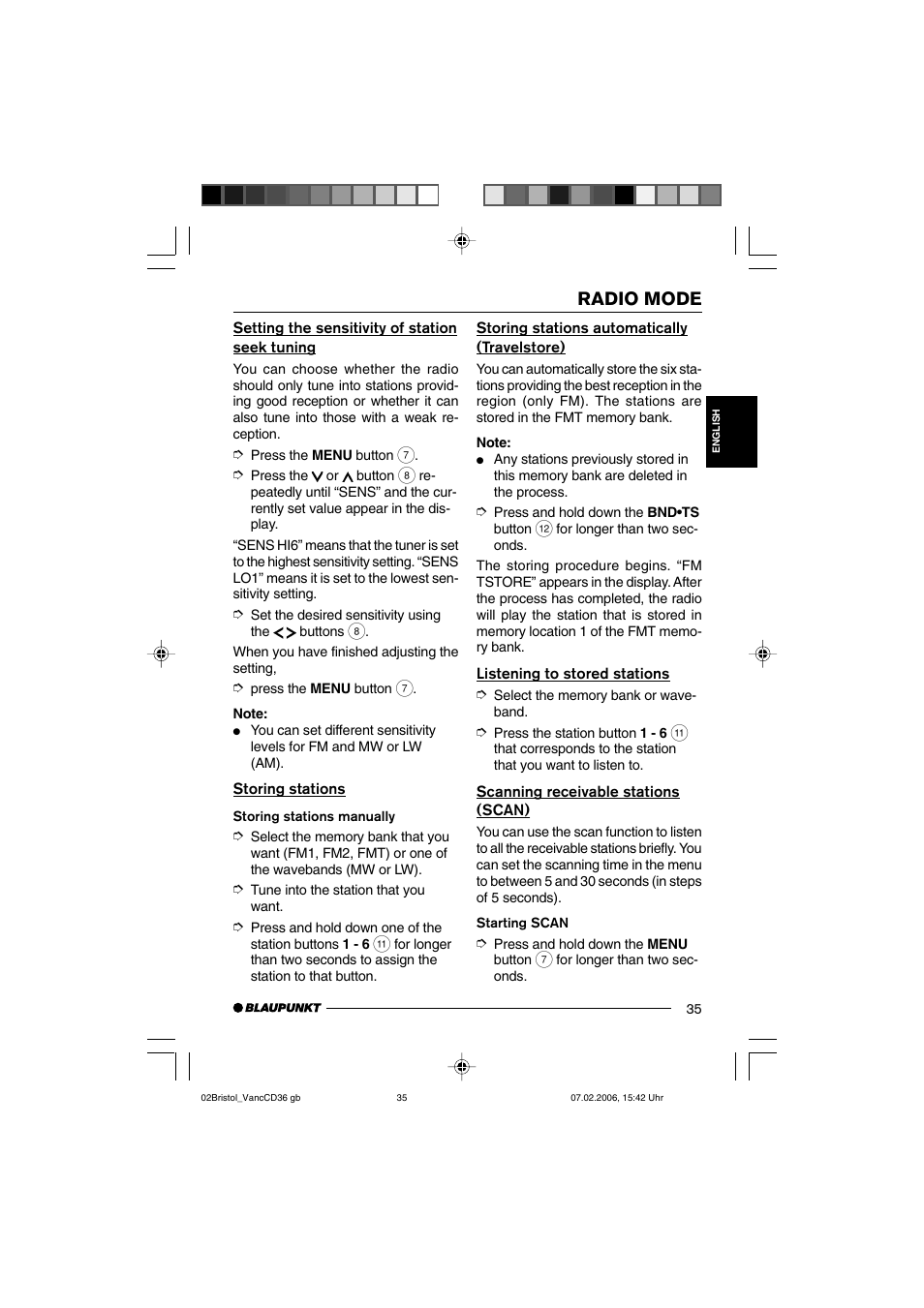 Radio mode | Blaupunkt BRISTOL CD36 User Manual | Page 12 / 26