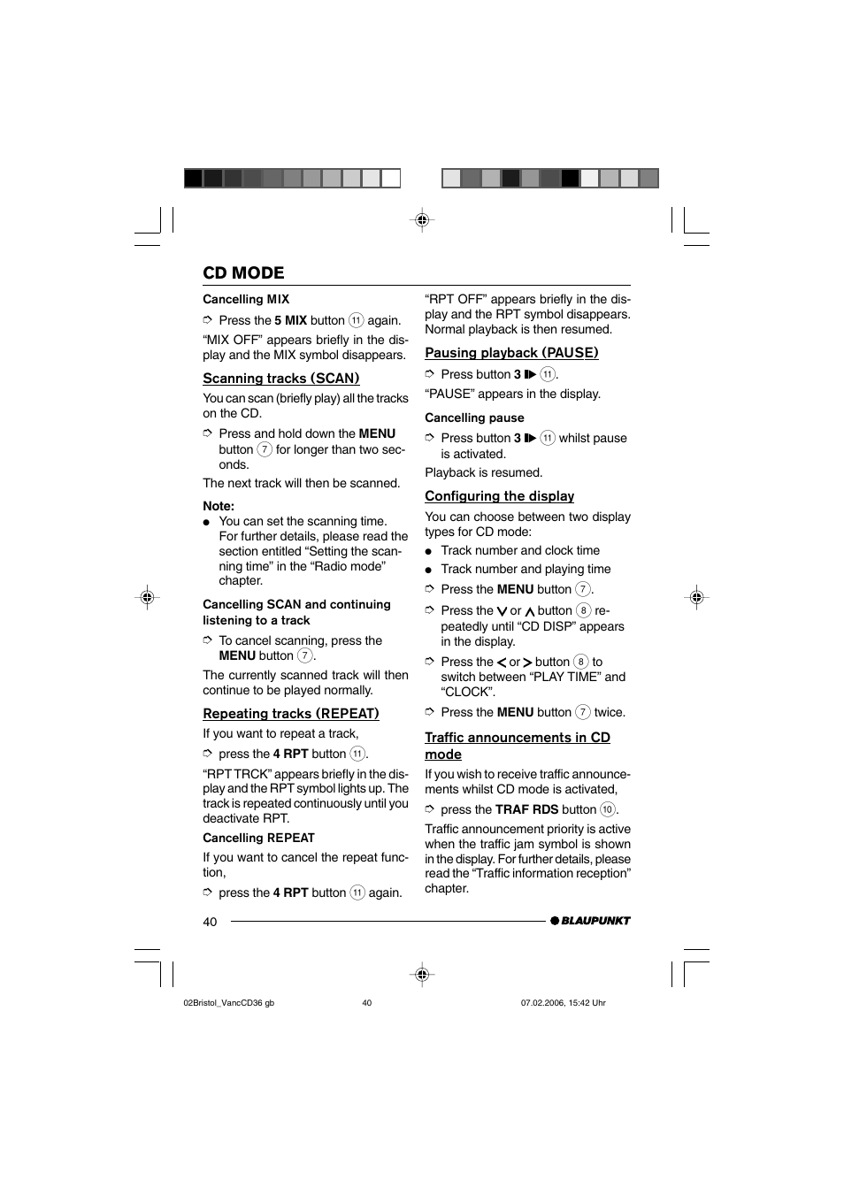 Cd mode | Blaupunkt BRISTOL CD36 User Manual | Page 17 / 26