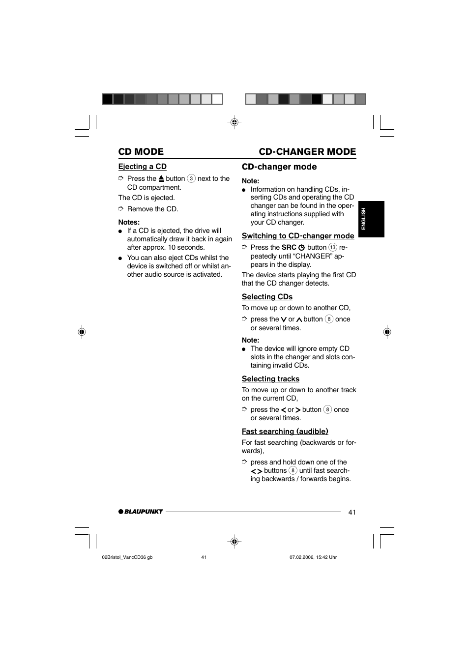 Cd mode, Cd-changer mode | Blaupunkt BRISTOL CD36 User Manual | Page 18 / 26