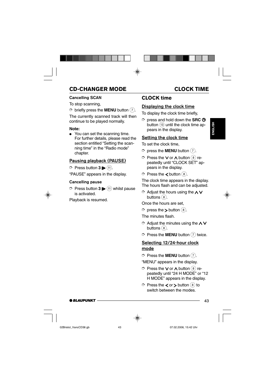 Cd-changer mode clock time | Blaupunkt BRISTOL CD36 User Manual | Page 20 / 26