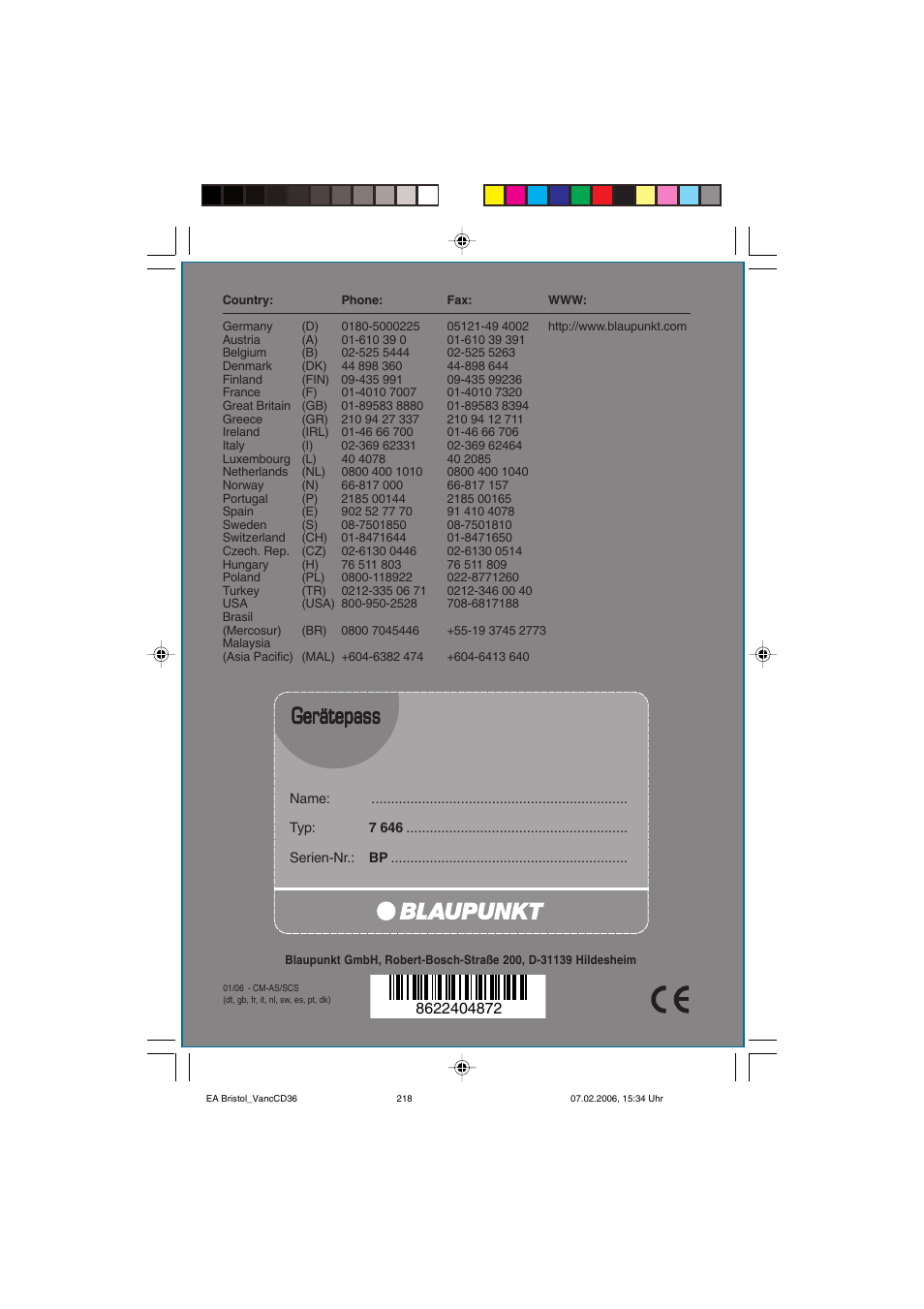 Gerätepass | Blaupunkt BRISTOL CD36 User Manual | Page 26 / 26