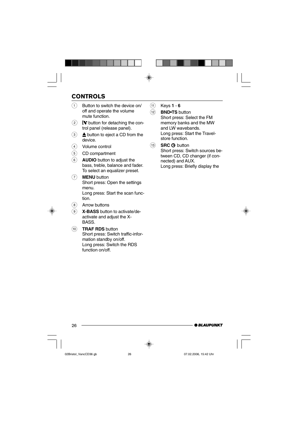 Controls | Blaupunkt BRISTOL CD36 User Manual | Page 3 / 26