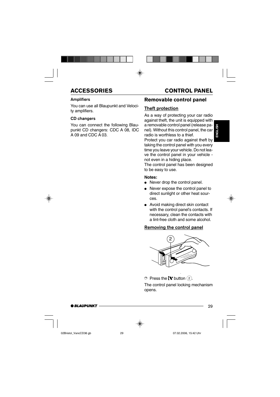 Control panel accessories, Removable control panel | Blaupunkt BRISTOL CD36 User Manual | Page 6 / 26