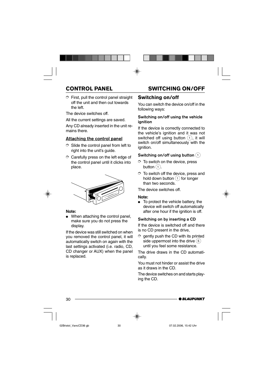 Switching on/off control panel | Blaupunkt BRISTOL CD36 User Manual | Page 7 / 26