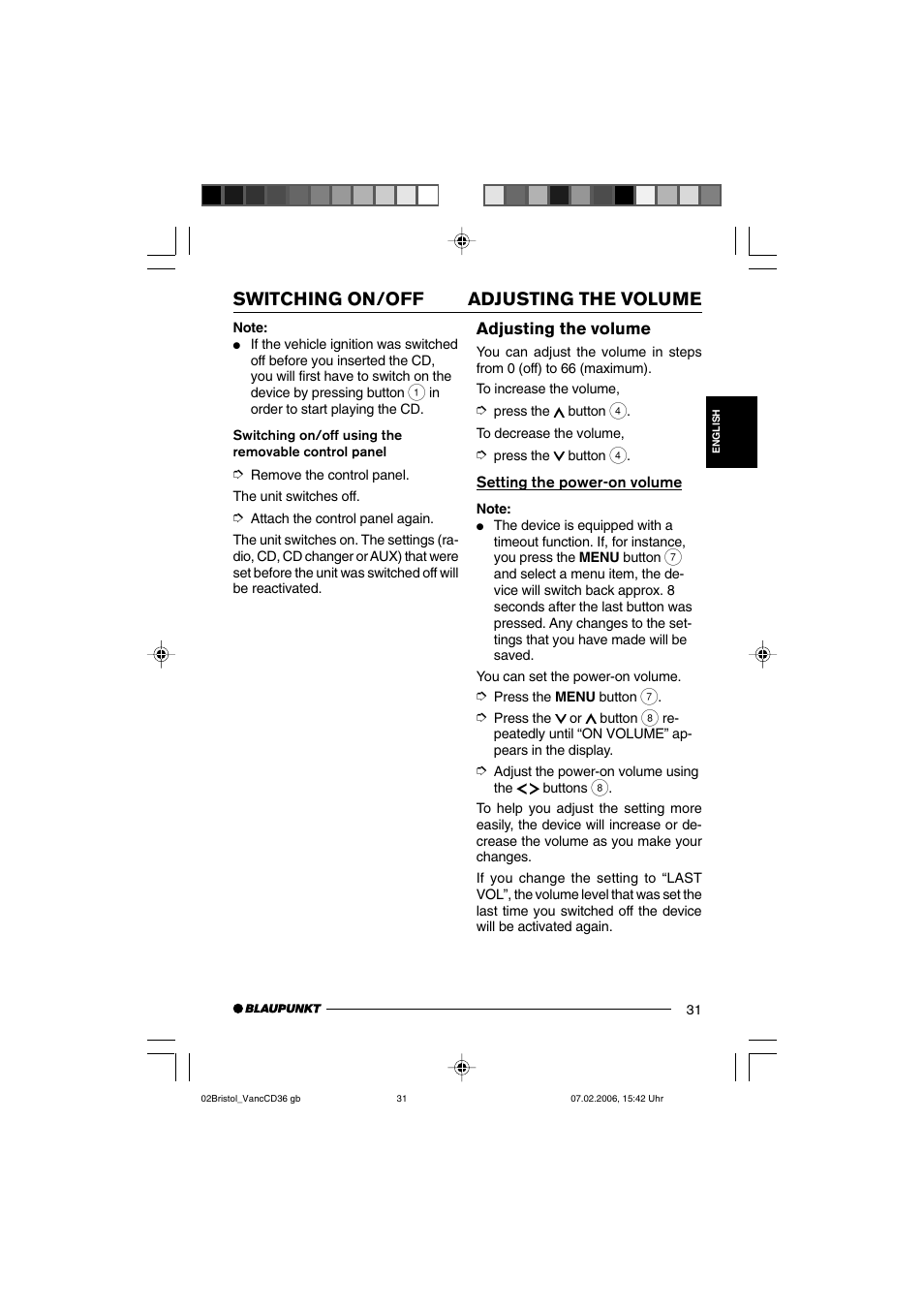 Adjusting the volume switching on/off, Adjusting the volume | Blaupunkt BRISTOL CD36 User Manual | Page 8 / 26