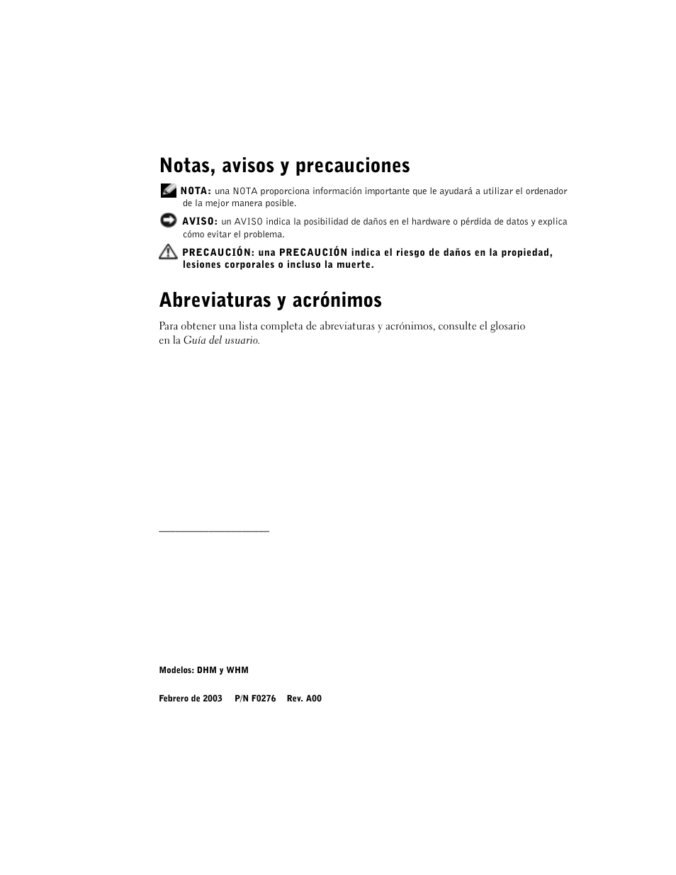 Notas, avisos y precauciones, Abreviaturas y acrónimos | Dell Precision 360 User Manual | Page 146 / 182