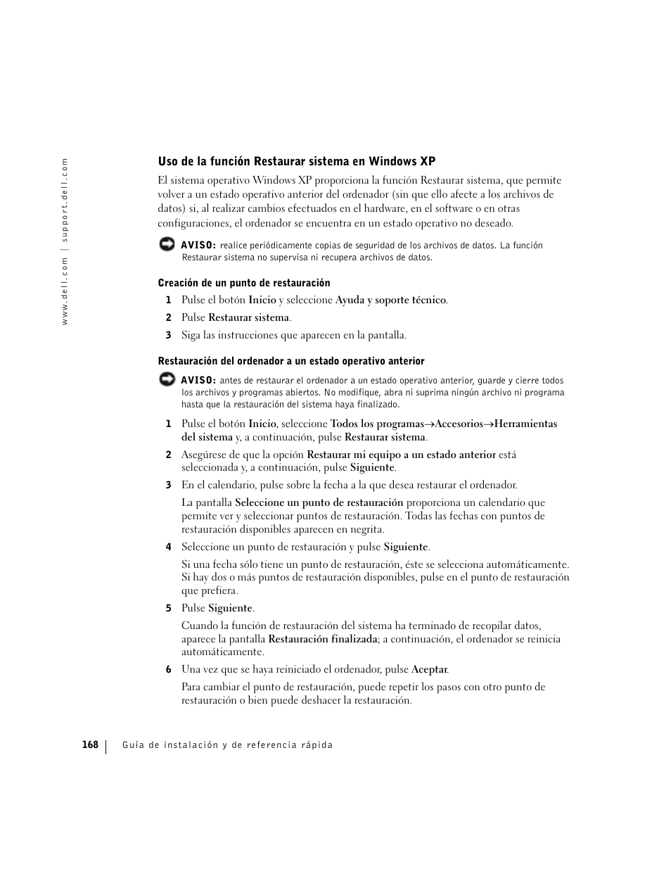 Uso de la función restaurar sistema en windows xp | Dell Precision 360 User Manual | Page 168 / 182
