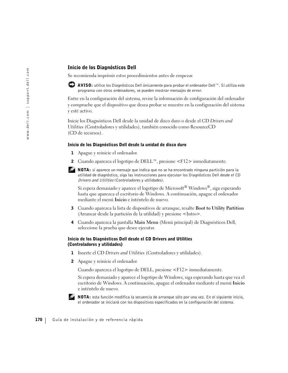 Inicio de los diagnósticos dell | Dell Precision 360 User Manual | Page 170 / 182